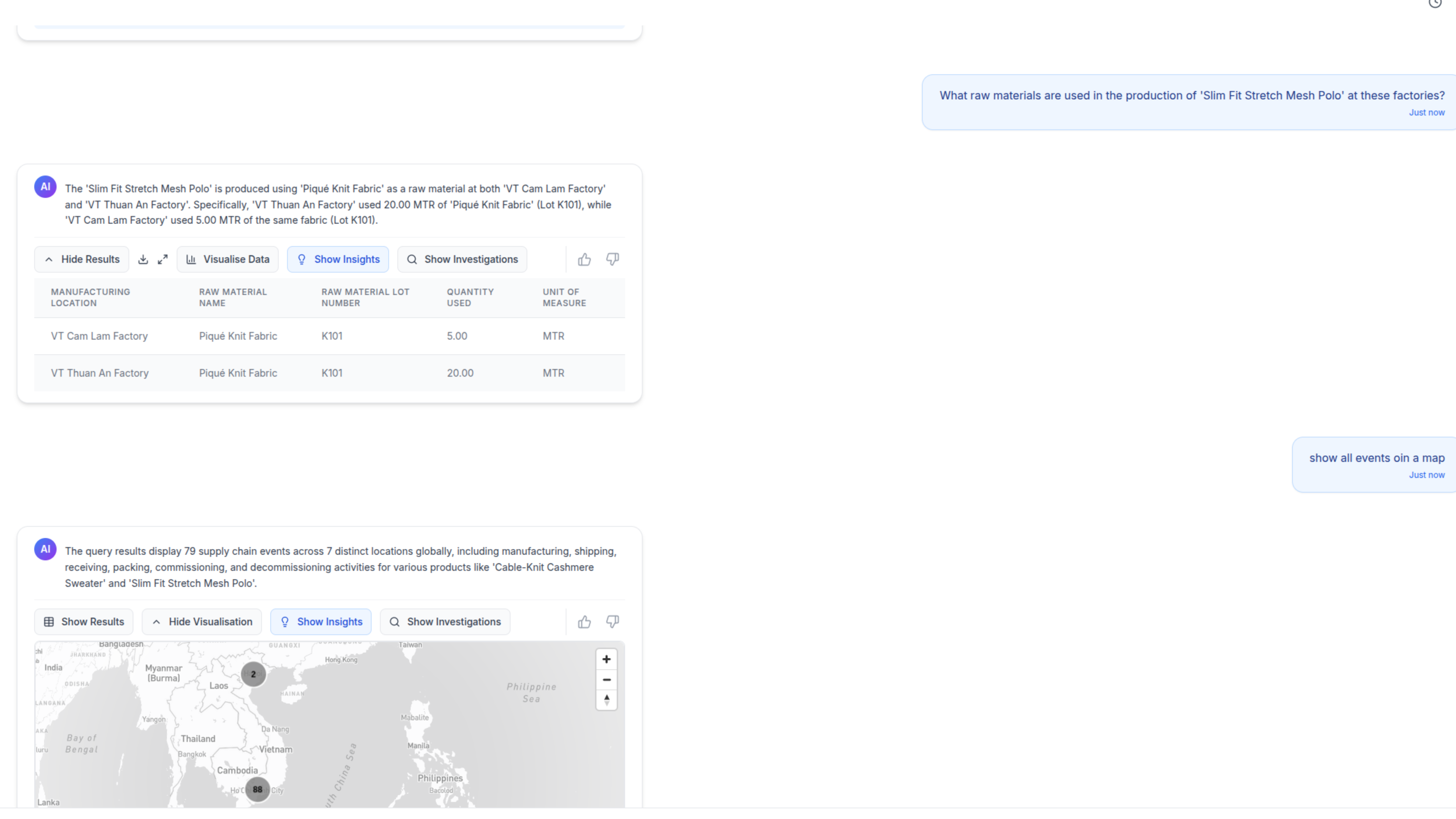 TrackVision AI answering a raw materials query with structured results and a map of supply chain events across 7 locations
